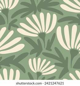 Aesthetic contemporary seamless pattern with daisy flowers. White chamomiles on green. Modern floral print for textile, fabric, wallpaper, wrapping, gift wrap, paper, scrapbook and packaging