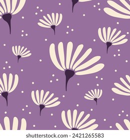 Aesthetic contemporary seamless pattern with daisy flowers and polka dot. White chamomiles on purple. Modern floral print for textile, fabric, wallpaper, wrapping, gift wrap, paper, scrapbook