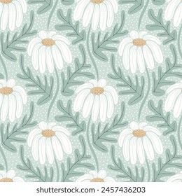 Patrón estético contemporáneo sin costuras con flores de margarita. Camomilas blancas sobre azul. Estampado floral moderno para textil, tela, Fondo de pantalla, envoltura, envoltura de regalo, papel, álbum de recortes y embalaje	