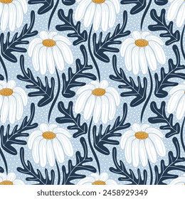 Patrón estético contemporáneo sin costuras con flores de margarita. Camomilas blancas sobre azul. Estampado floral moderno para textil, tela, Fondo de pantalla, envoltura, envoltura de regalo, papel, álbum de recortes y embalaje	