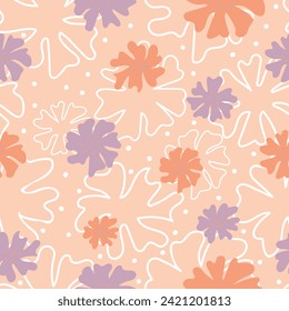 Aesthetic contemporary seamless pattern with flowers in trendy peach fuzz colors. Modern floral print for textile, fabric, wallpaper, wrapping, gift wrap, paper, scrapbook and packaging