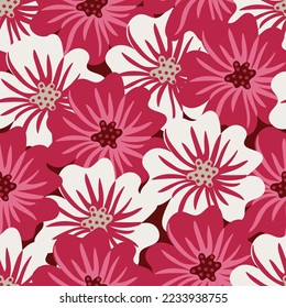 Aesthetic contemporary seamless pattern with pink flowers. Modern floral print for textile, fabric, wallpaper, wrapping, gift wrap, paper, scrapbook and packaging
