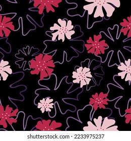 Patrón estético contemporáneo sin costuras con flores rosadas. Impresión floral moderna para textiles, tejidos, papel pintado, envoltura, envoltura de regalo, papel, libro de chatarra y embalaje