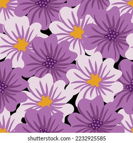 Patrón estético contemporáneo sin costuras con flores moradas. Impresión floral moderna para textiles, tejidos, papel pintado, envoltura, envoltura de regalo, papel, libro de chatarra y embalaje