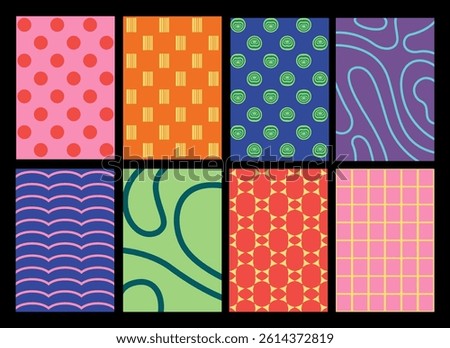 Aesthetic contemporary set of essential geometric backgrounds. Hand drawn minimalist trendy backdrop posters with basic lines shapes with pop up, bright contrasting colors. Vector Illustration.