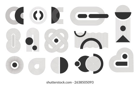 Aesthetic contemporary stripes set in flat cartoon design. Collection isolated elements of black and white geometric circles, arches, other wavy line figures with simple shapes. Vector illustration.