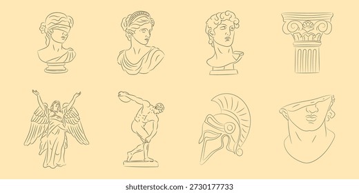 Conjunto de arte de linha contínua estética de esculturas da Grécia Antiga