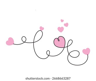 Aesthetic continuous one line art pink love heart shape isolated vector illustration on white background.