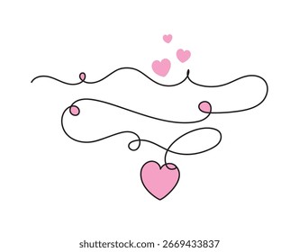 Aesthetic continuous one line art pink love heart shape isolated vector illustration on white background.