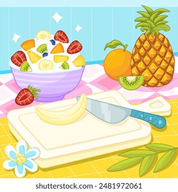 Aesthetic cooking of fruit salad in the kitchen, diet dessert food concept for print or web design.