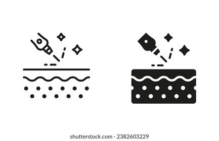 ästhetisches kosmetisches Verfahren. Laserbehandlung für Skin Line und Silhouette Black Icon Set. Piktogramm zur Entfernung der Gesichtshaut. Dermatologie Schönheitstherapie für die Körperhaut. Einzelne Vektorgrafik.