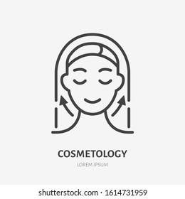 Aesthetic cosmetology line icon, vector pictogram of facelift, anti age massage. Hapy woman illustration, sign for plastic surgery clinic.