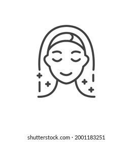 Aesthetic cosmetology line icon.  Woman illustration, sign for plastic surgery clinic. Pictogram of shiny skin, anti age skin care. Clipart symbol isolated on white background. Flat design.