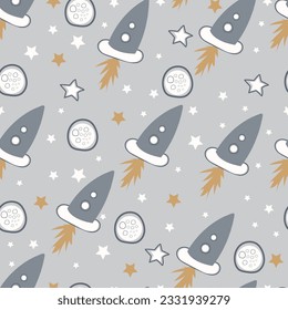 Aesthetic cosmic seamless pattern design. Exquisite bunch of whimsical hand drawn space rockets, spacecraft, galaxies and stars. Allover print childish textured background of doodle spaceships.