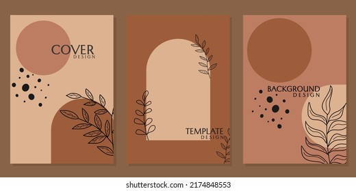 Aesthetic Cover Template With Hand Drawn Floral Ornaments. Simple And Minimalistic Brown Background. Designs For Catalogs, Brochures