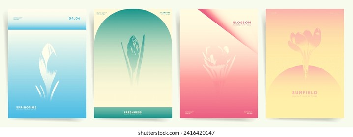 Aesthetic Cover Templates with Springtime Gradients. Minimal Flower Patterns and Abstract duotone Design Background.