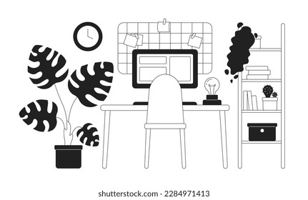 Aesthetic cozy workspace at home vector monochrome isolated spot illustration. Flat black and white composition on cartoon background. Thin line editable scene for mobile, website, magazine