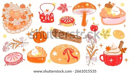 Aesthetic cute autumn vector set with pumpkins, cozy drinks, candles, leaves, books, and sweet girly elements perfect for fall planners, stickers, and seasonal design, fall in frame, aesthetic autumn
