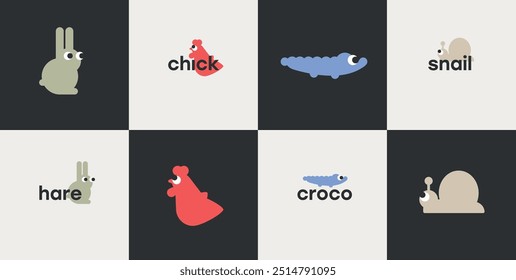 Estética Linda Formas Animales Colorido Minimalista Formas Geométricas Elementos Conjunto para Logo Identidad Marca Pósters Tarjetas Pegatinas Diseño