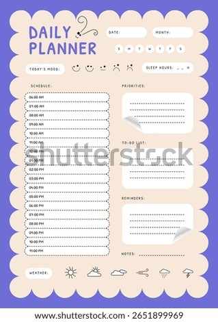 Aesthetic daily planner template with sections for schedule, priorities, to-do list, weather monitoring, notes, and reminders. Clean and functional layout for focused daily planning.