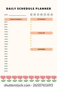Aesthetic daily schedule planner template featuring time slots from 8:00 AM to 6:00 PM, priority list, to-do list, and reminders section. Designed with soft pastel colors and cute tulip flower border.