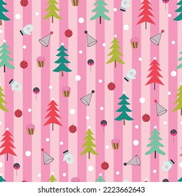 Aesthetic decorating arrangements of holly jolly Christmas ornaments. Fir trees, baubles, santa hats, mittens, muffins, tree toppers, vertical stripes, polkadots etc. Allover printed seamless pattern.