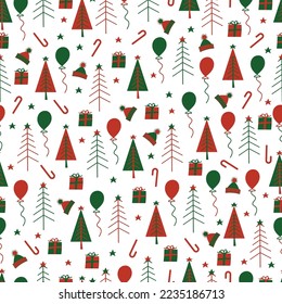 Aesthetic decorating arrangements of holly jolly Christmas ornaments. Christmas present box, snowflakes and balloons. Allover printed seamless pattern. Christmassy repeat texture with red background.