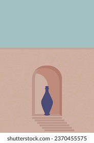 Decoración estética con afiche de ilustración de elementos arquitectónicos. Masa azul minimalista y ventana rosa