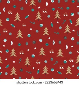 Aesthetic decorative arrangements of Christmassy ornaments of fir trees, baubles, lollipop, jingle bells, present boxes, candies, candy canes. Exquisite allover holly jolly Christmas seamless pattern.