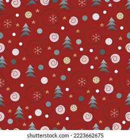 Aesthetic decorative arrangements of merry xmas ornaments of Norway spruce trees, lollipop, string light, jingle bells, stars, snowflakes etc. Exquisite allover holly jolly Christmas seamless pattern.