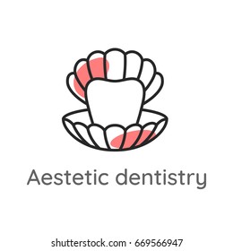 Aesthetic dentistry. Tooth or veneer inside the pearl shell. Dental icon. Web pictogram for dentistry. Stomatology concept, logo or illustration. Line style.