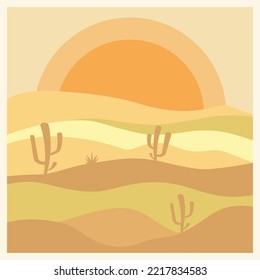 Aesthetic desert landscape with cactuses square illustration.