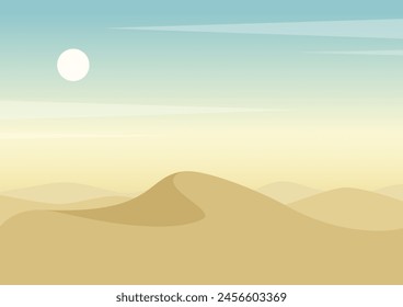 Aesthetic desert landscape, sahara dunes illustration. Africa travel, travel to Egypt. Morning panoramic sunrise.