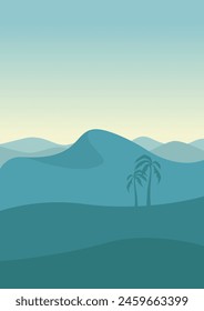 Aesthetic desert landscape, sahara dunes illustration. Africa oasis travel, travel to Egypt.