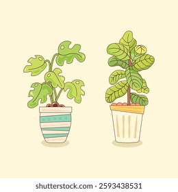 Aesthetic digital illustration of two potted houseplants with soft pastel colors. Perfect for home decor, gardening, eco-friendly designs, and botanical themes. Ideal for posters, prints, and lifestyl