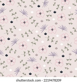 Aesthetic ditsy floral seamless surface pattern design. Exquisite bunch of blooming wildflowers and branches of leaves. Allover printed textured background. Dainty multicolour floral arrangement 