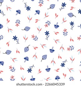 Aesthetic ditsy floral seamless surface pattern design. Exquisite bunch of blooming wildflowers and branches of leaves. Allover printed textured background. Dainty multicolour floral arrangement 