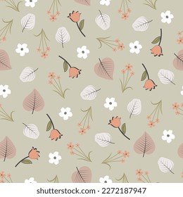 Aesthetic ditsy floral seamless surface pattern design. Exquisite bunch of blooming wildflowers and branches of leaves. Allover printed textured background. Dainty multicolour floral arrangement 