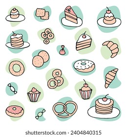 Aesthetic doodle set of hand drawings, handmade sketches. Food  doodles vector set in line style