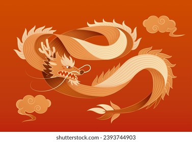 Aesthetic dragon and cloud isolated on orange and red gradient background.