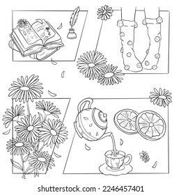 Aesthetic drawing of Flowers, books, teapot. Can be used for ocloring book pages, prints, digital journal, and other.
