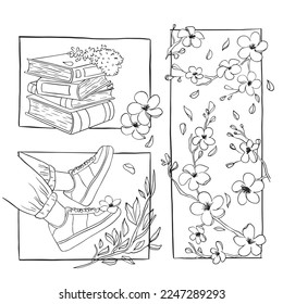 Aesthetic drawing sneakers  sakura blooms  books  Can be used for coloring book pages  prints  digital journal    other 