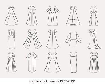 conjunto de vectores de silueta de vestidos estéticos. Vector. Todo tipo de vestidos de mujer