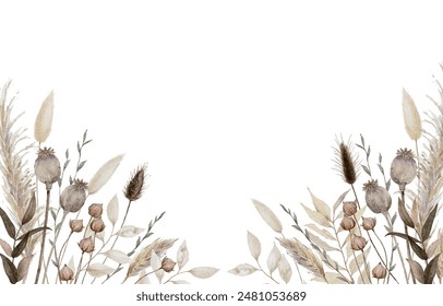 Aesthetic Dried Flower Background Border with Pampas, bunny tails and poppy pods isolated on white background