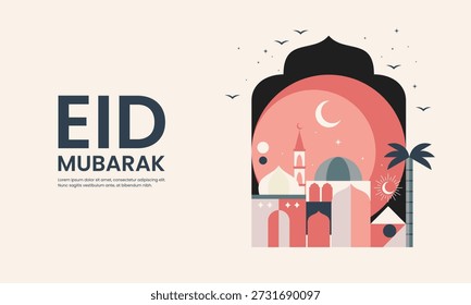 Eid Estético Mubarak Saudação com Mesquita Rosa e Lua Crescente em Fundo Creme