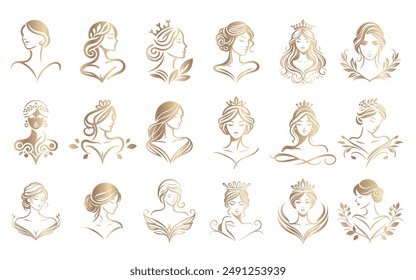 Aesthetic and elegant beautiful women logo collection, queens and princesses, in lines.