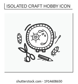 Aesthetic embroidery hand drawn icon. Needlework concept. An easy craft with detailed work. Creative hobby. Using scissors and thread.Isolated sketch vector illustration