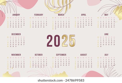 Aesthetic Fashion Calendar 2025, Calendar 2025 Sunday Start Natural Deluxe Design Template.