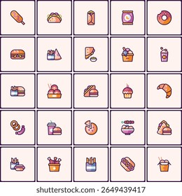 Aesthetic fast food icons vector compilation for culinary projects with outline