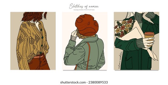 Aesthetic Female sketches, silhouettes. Boho woman portraits in pastel colors. Collection of contemporary art posters. Girl with coffee, bouquet of flowers, beret. Fashion model print, wall art